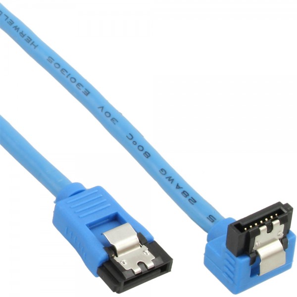 InLine® SATA 6Gb/s Anschlusskabel rund, abgewinkelt, blau, mit Lasche, 0,3m