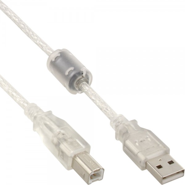 InLine® USB 2.0 Kabel, A an B, transparent, mit Ferritkern, 5m