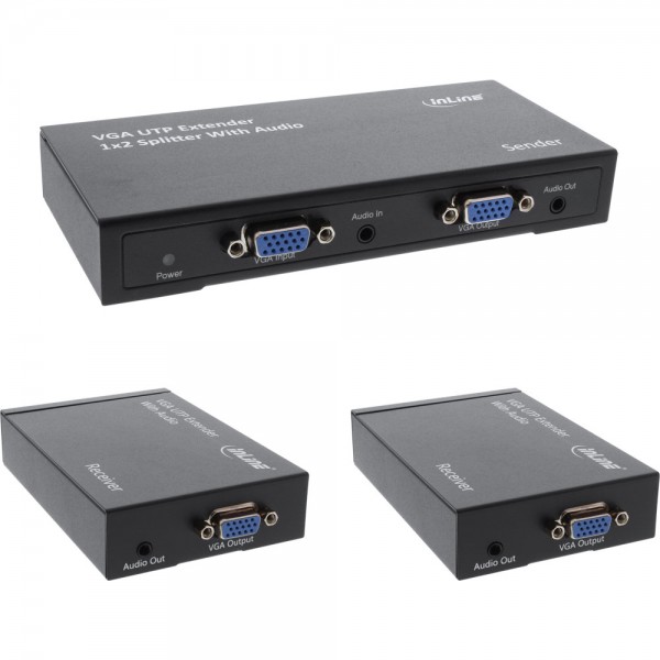 InLine® VGA Extender/Splitter SET 1 zu 2 über UTP, 1 Sender mit 2 Empfängern, mit Audio, bis 300m
