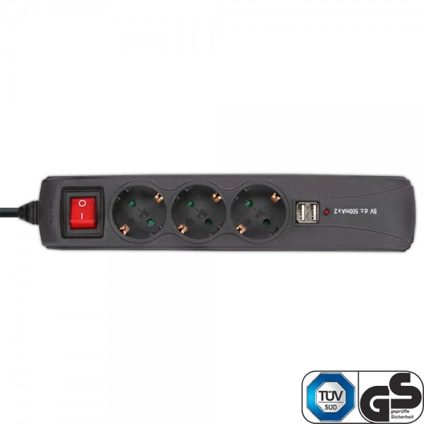InLine® Steckdosenleiste, 3-fach Schutzkontakt, 2x USB, mit Schalter, 1,5m, schwarz