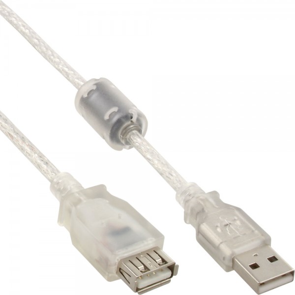 InLine® USB 2.0 Verlängerung, Stecker / Buchse, Typ A, transparent, mit Ferritkern, 0,5m