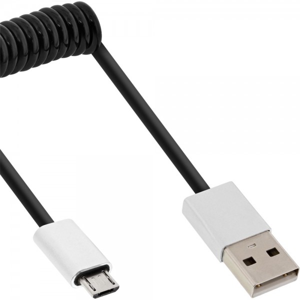 InLine® Micro-USB 2.0 Spiralkabel, USB-A Stecker an Micro-B Stecker, schwarz/Alu, flexibel, 2m