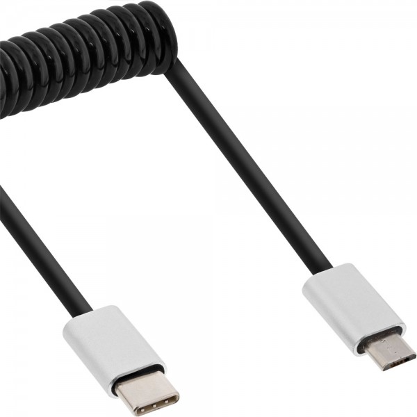 InLine® USB 2.0 Spiralkabel, Typ C Stecker an Micro-B Stecker, schwarz/Alu, flexibel, 2m