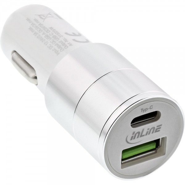 InLine® USB KFZ Ladegerät Stromadapter Quick Charge 3.0, 12/24VDC zu 5V DC/3A, USB-A + USB Typ-C, we