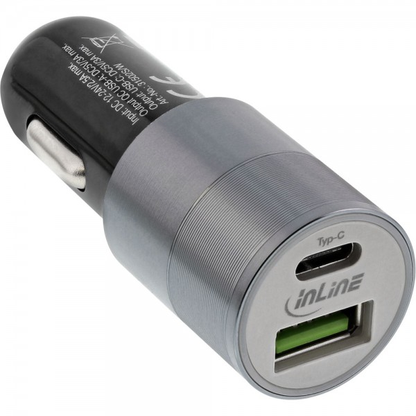 InLine® USB KFZ Ladegerät Stromadapter Quick Charge 3.0, 12/24VDC zu 5V DC/3A, USB-A + USB Typ-C, sc