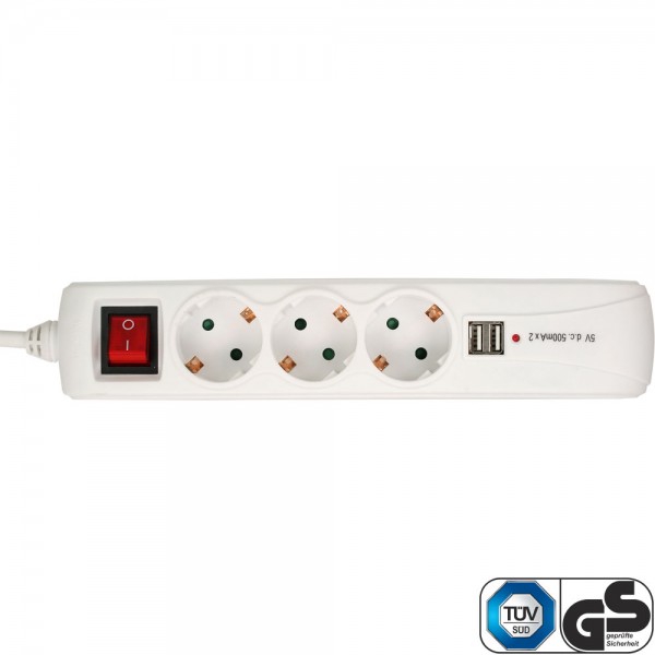 InLine® Steckdosenleiste, 3-fach Schutzkontakt, 2x USB, mit Schalter, 1,5m, weiß