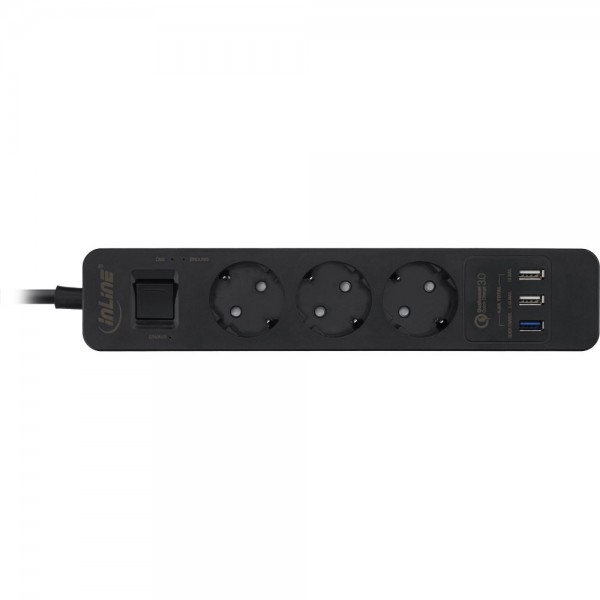 InLine® Steckdosenleiste, 3-fach Schutzkontakt, Überspannungsschutz und QuickCharge USB, mit Schalte
