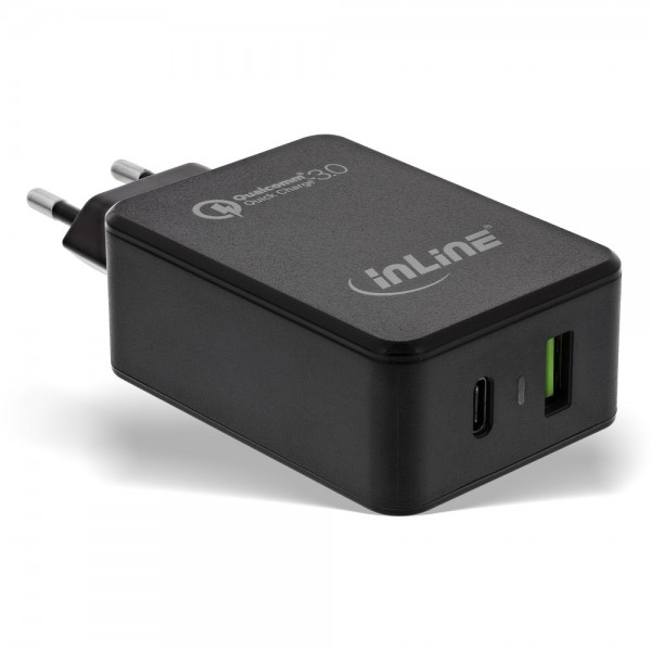 InLine® Quick Charge 3.0 USB Netzteil, Ladegerät, USB-A + USB Typ-C, 30W, schwarz