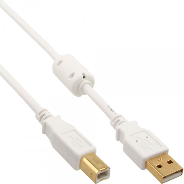 InLine® USB 2.0 Kabel, A an B, weiß / gold, mit Ferritkern, 10m