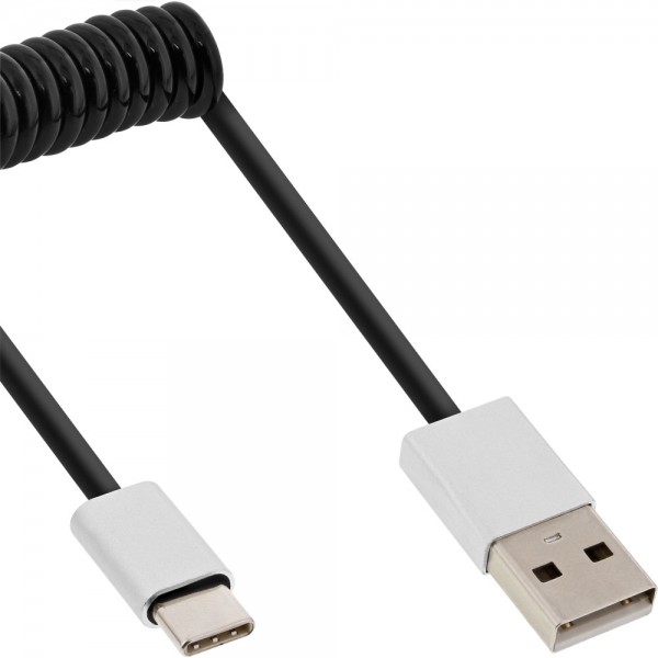 InLine® USB 2.0 Spiralkabel, Typ C Stecker an A Stecker, schwarz/Alu, flexibel, 0,5m