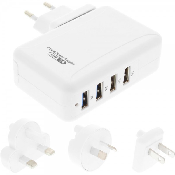 InLine® USB Netzteil 4-fach, Ladegerät, Stromadapter mit Länderstecker Bundle weiß