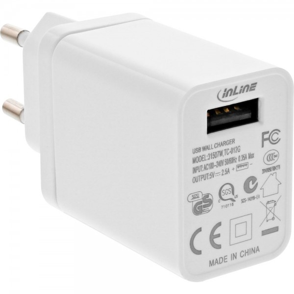 InLine® USB Netzteil, Ladegerät, 100-240V zu 5V/2,5A, weiß