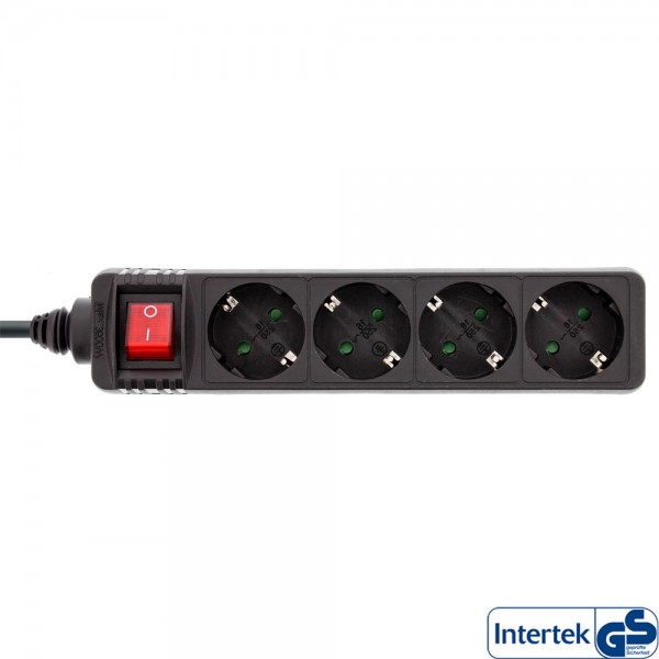 InLine® Steckdosenleiste, 4-fach Schutzkontakt, mit Schalter, 1,5m, schwarz